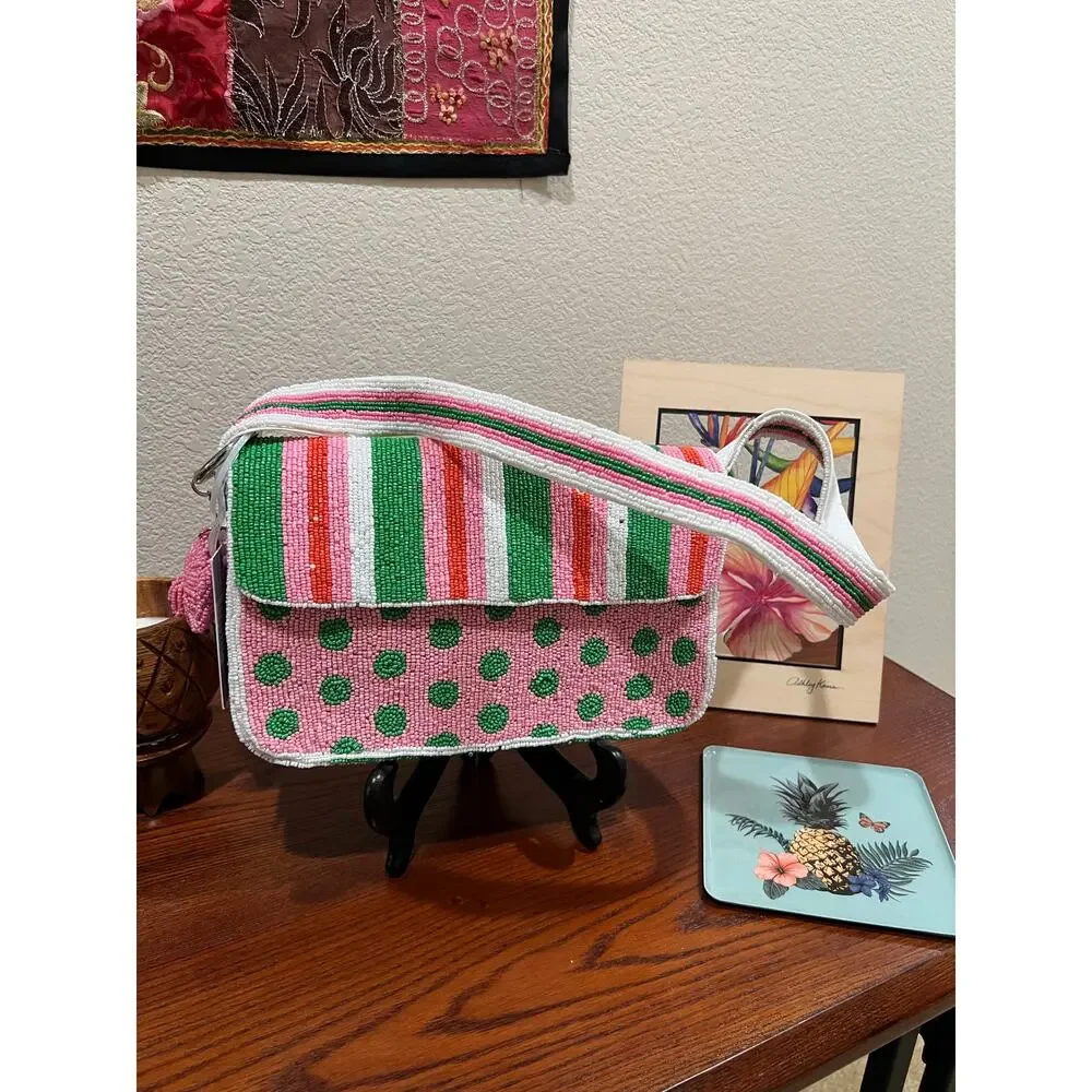NWT Handcrafted India Beaded Purse Pink Green Striped Artsy Charm Shoulder Bag
